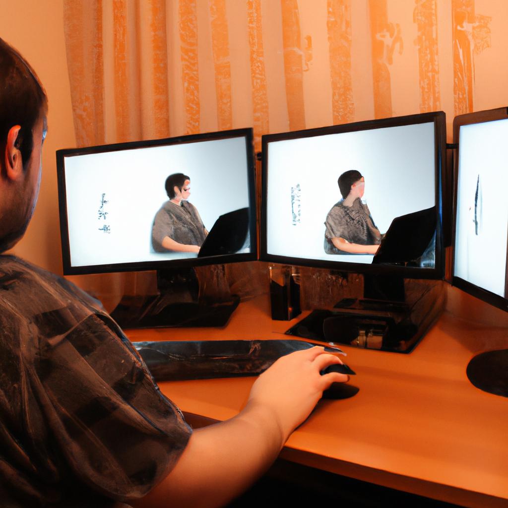 Person using multiple computer screens